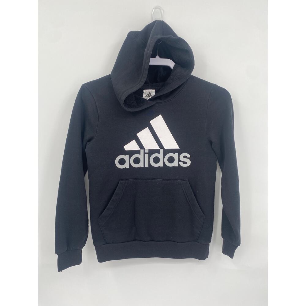 adidas Boys' Essential Hooded Pullover Sweatshirt Black White Logo M 10/12